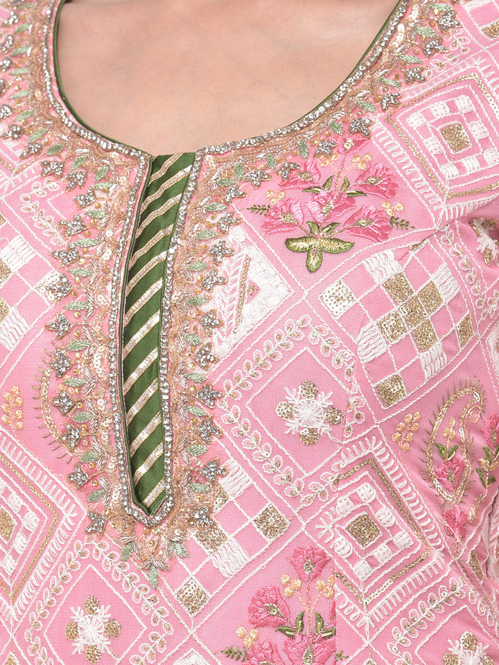 Neerus Pink georgette embroidered sharara set - detail view 1