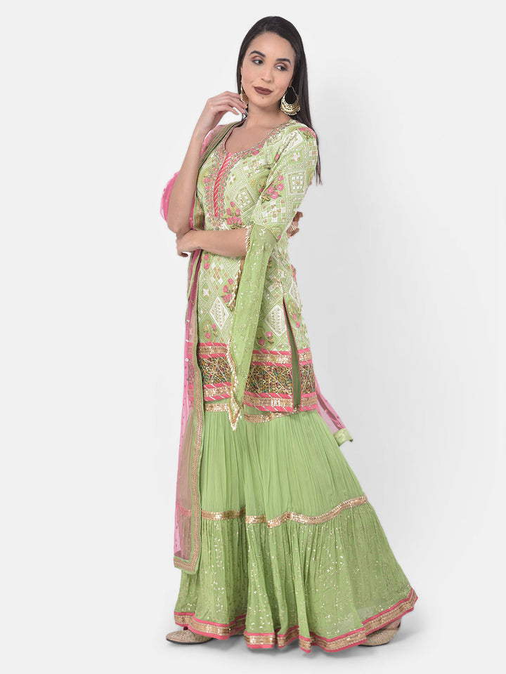 Neerus Green Georgette Embroidered Sharara Set - back view