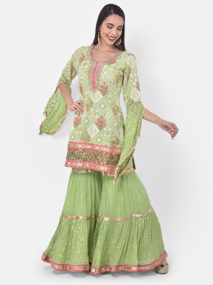 Neerus Green Georgette Embroidered Sharara Set - detail view 2