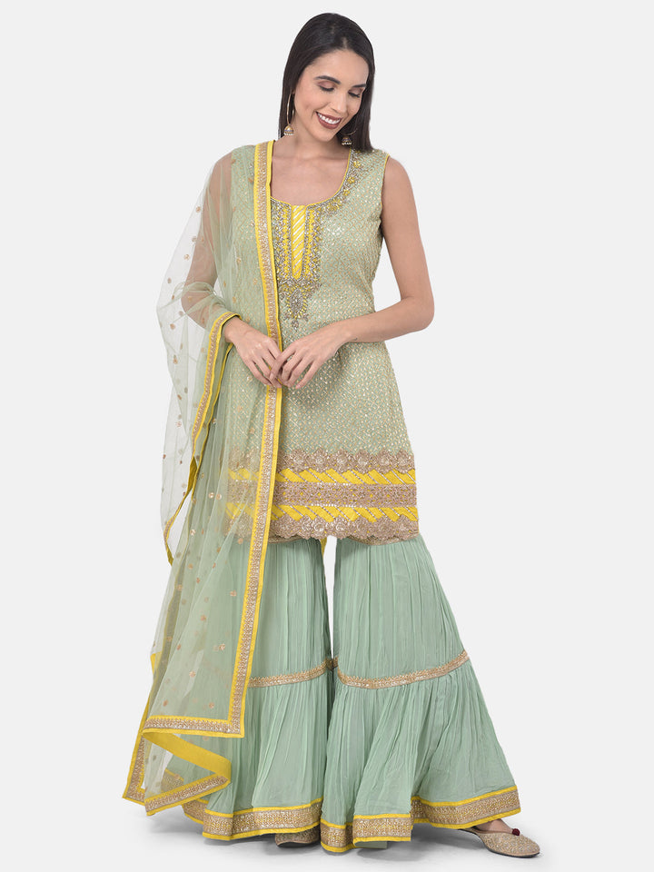 Neerus Green georgette embroidered sharara set - front view
