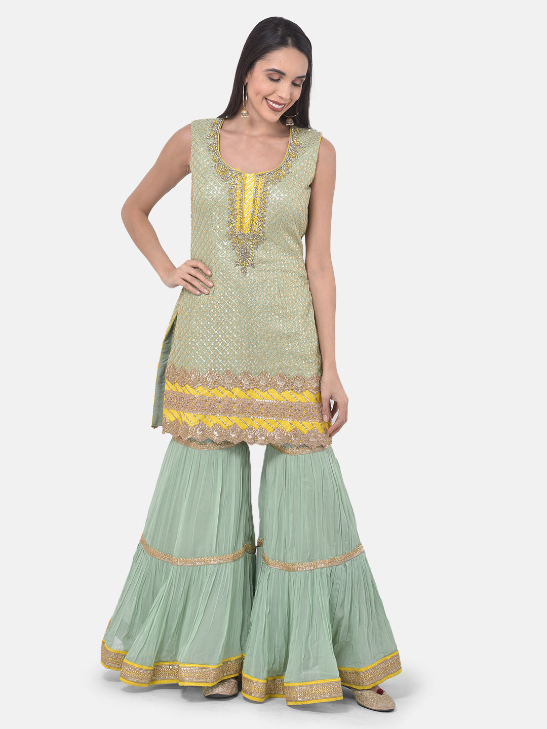Neerus Green georgette embroidered sharara set - detail view 4
