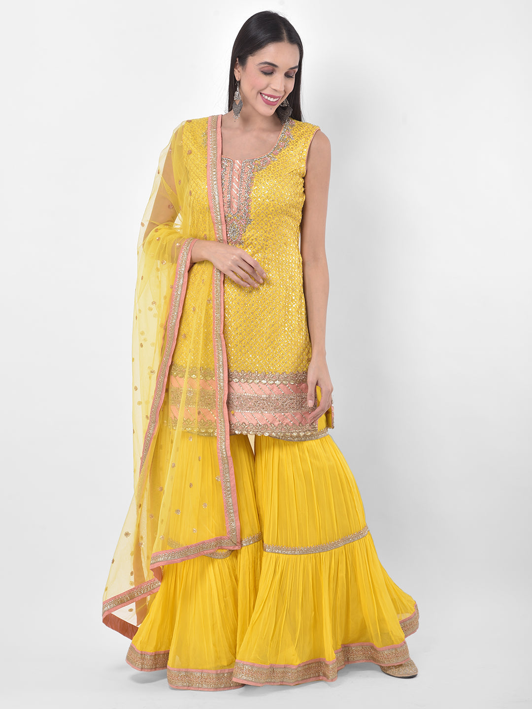 Neerus Yellow Georgette Embroidered Sharara Set - detail view 5