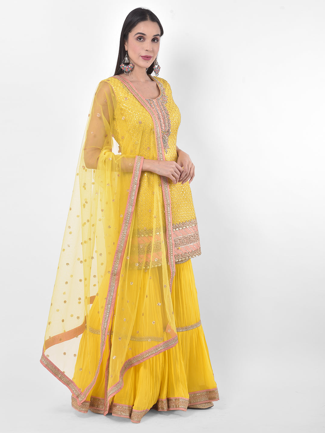 Neerus Yellow Georgette Embroidered Sharara Set - front view