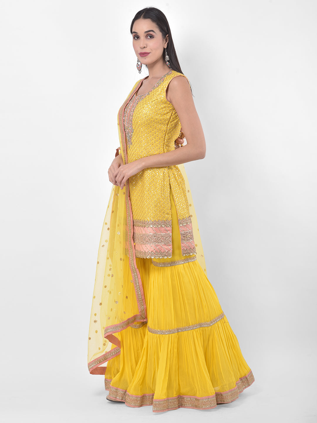 Neerus Yellow Georgette Embroidered Sharara Set - back view