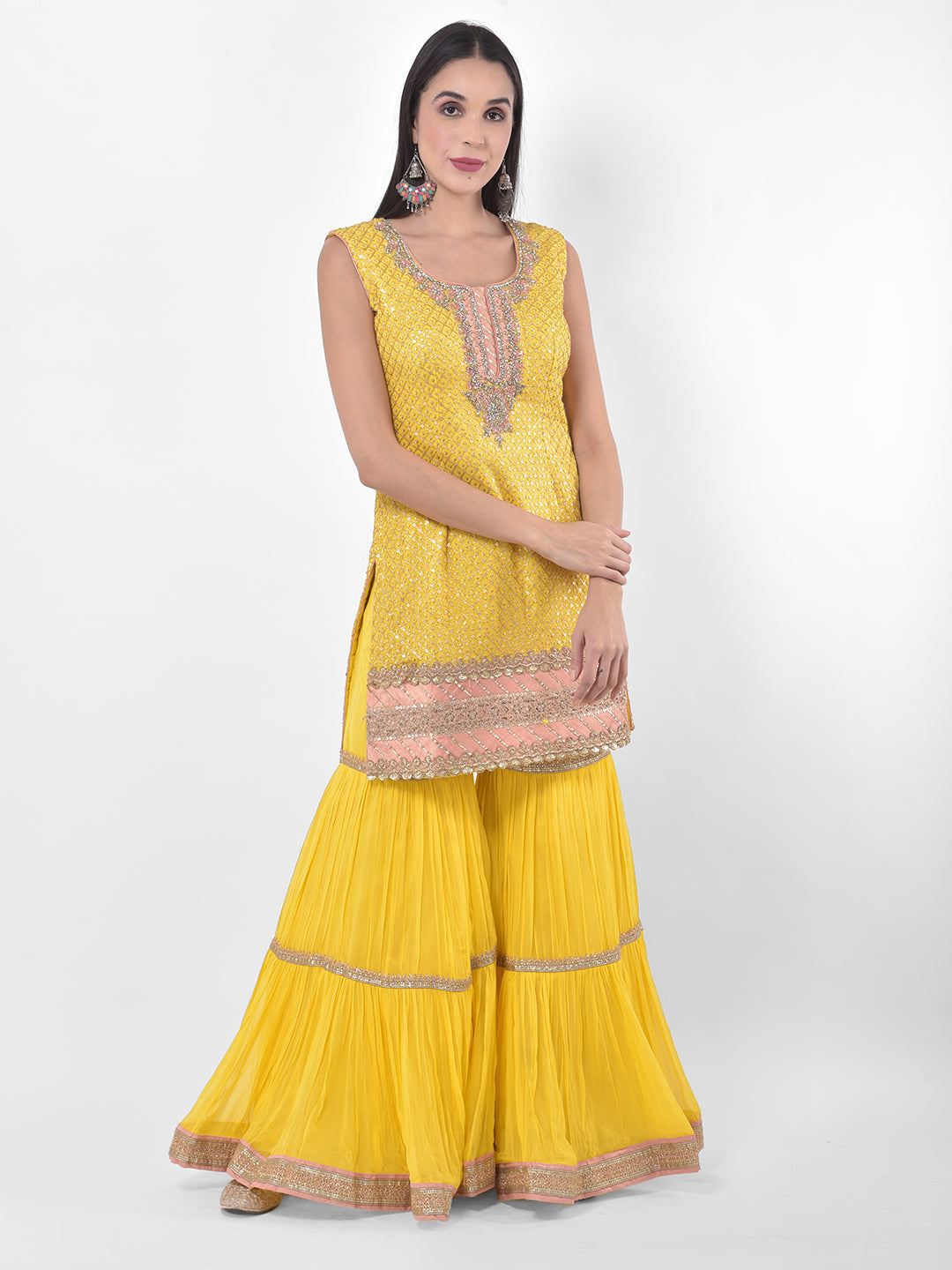 Neerus Yellow Georgette Embroidered Sharara Set - detail view 4