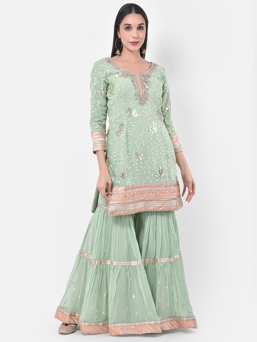 Neerus Green Georgette Embroidered Sharara Set - detail view 4