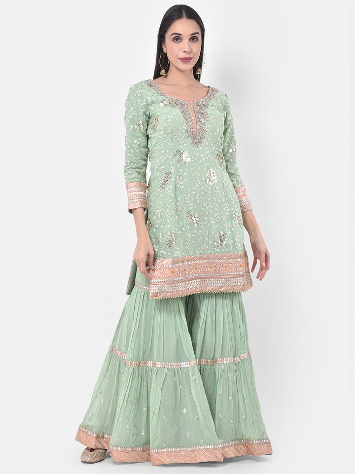 Neerus Green Georgette Embroidered Sharara Set - detail view 4