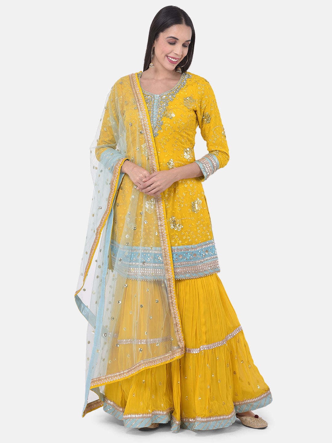 Neerus Yellow Georgette Embroidered Sharara Set - detail view 5