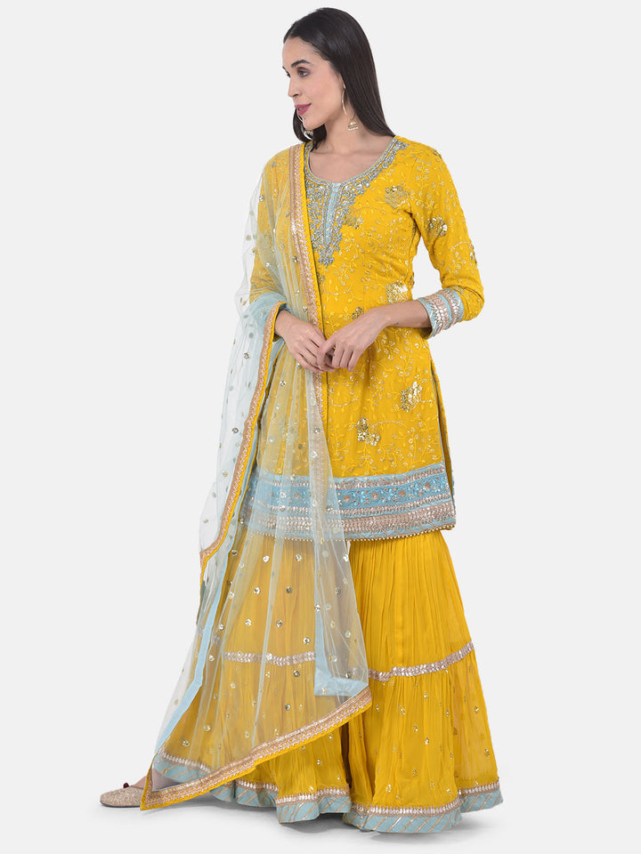 Neerus Yellow Georgette Embroidered Sharara Set - back view