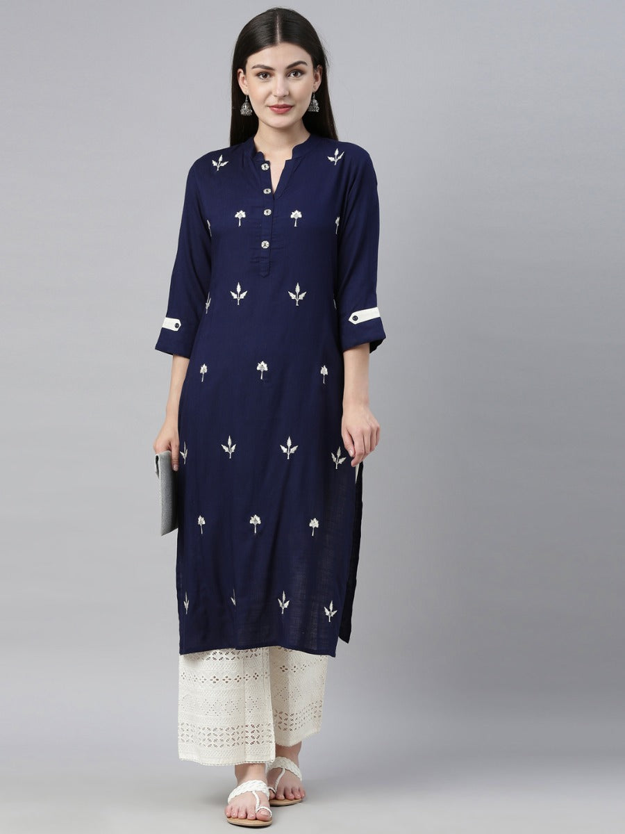Neerus Blue embroidered kurta set with palazzo - front view