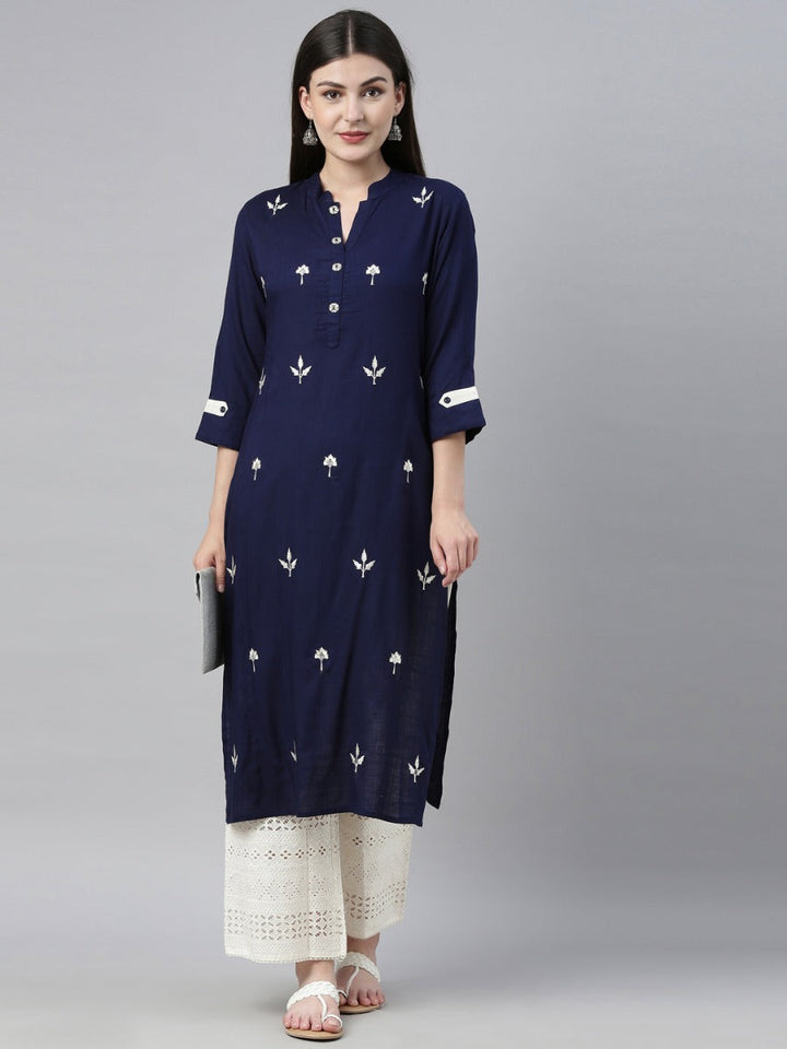 Neerus Blue embroidered kurta set with palazzo - front view