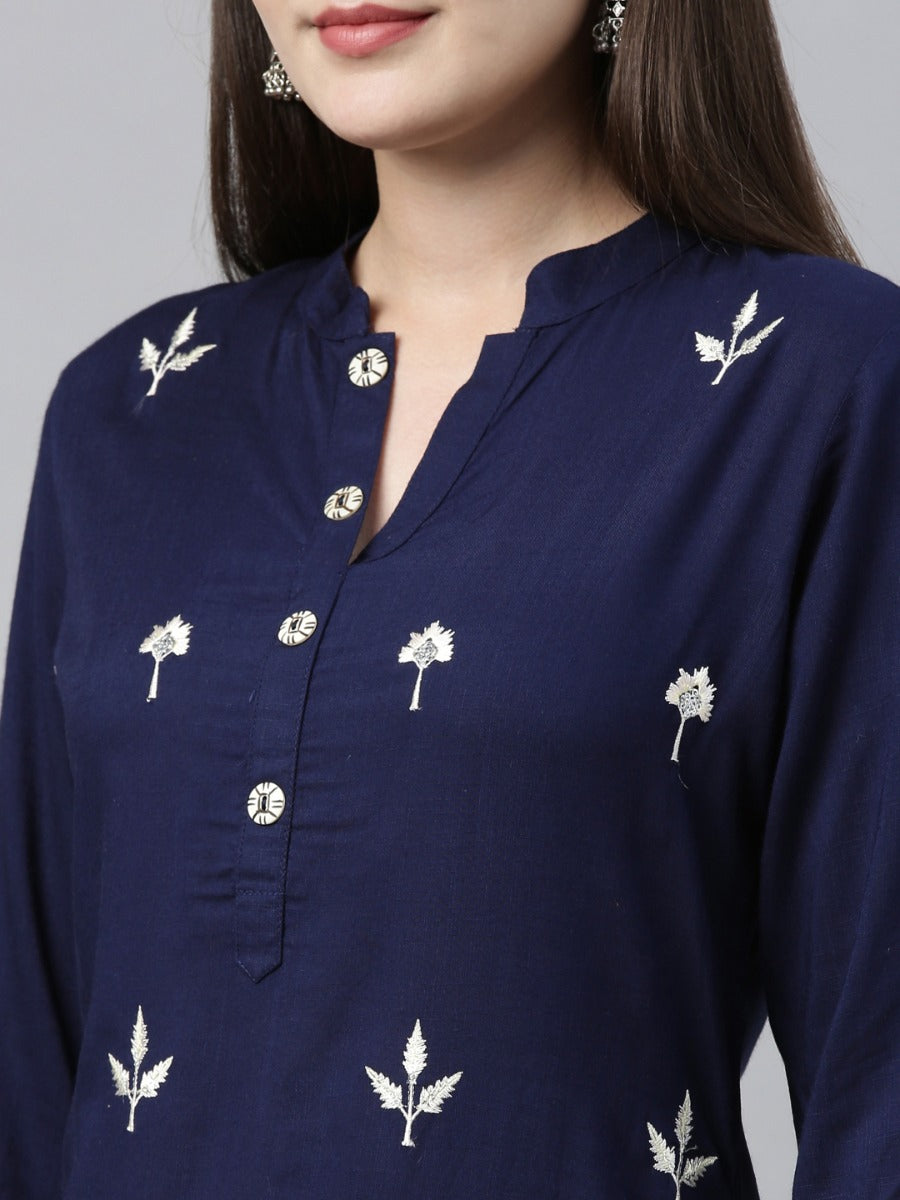 Neerus Blue embroidered kurta set with palazzo - side view