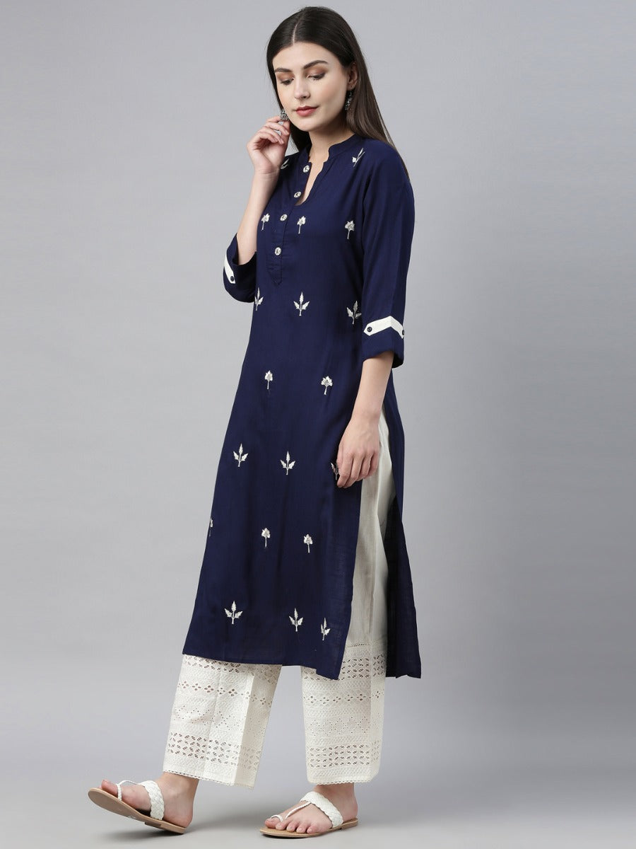 Neerus Blue embroidered kurta set with palazzo - detail view 2