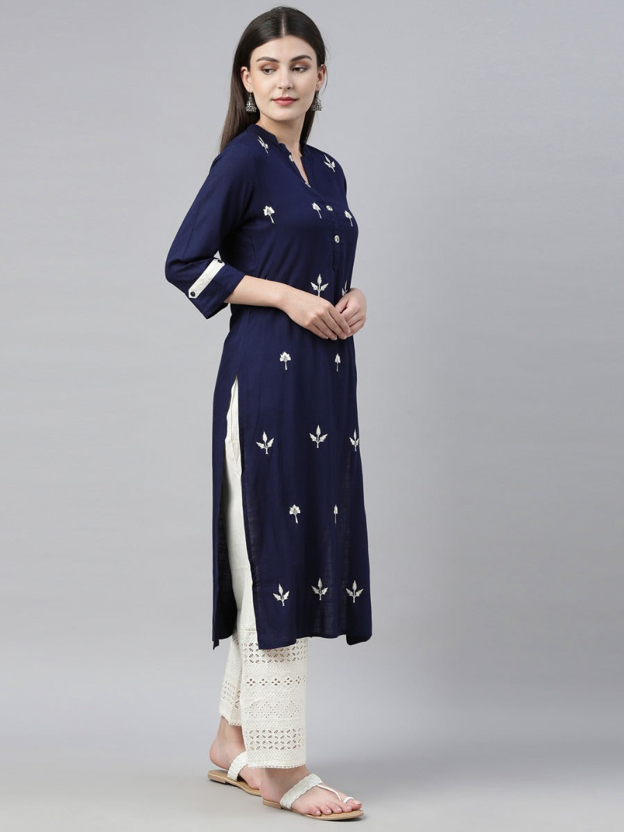 Neerus Blue embroidered kurta set with palazzo - detail view 3