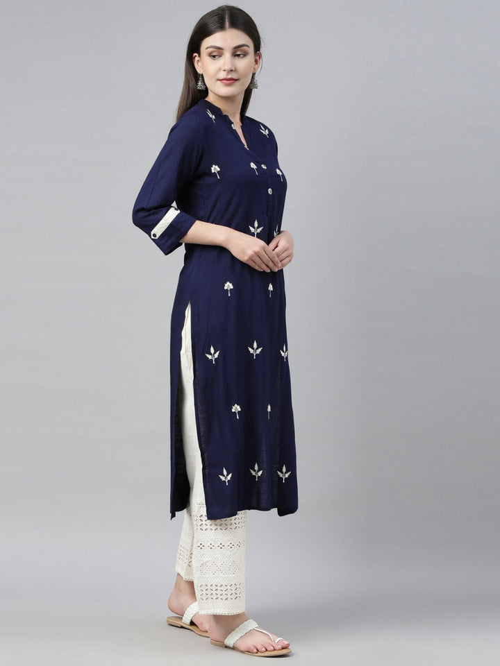 Neerus Blue embroidered kurta set with palazzo - detail view 3