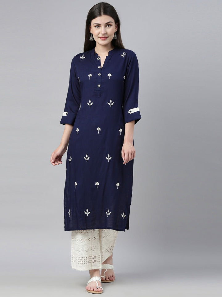 Neerus Blue embroidered kurta set with palazzo - detail view 5