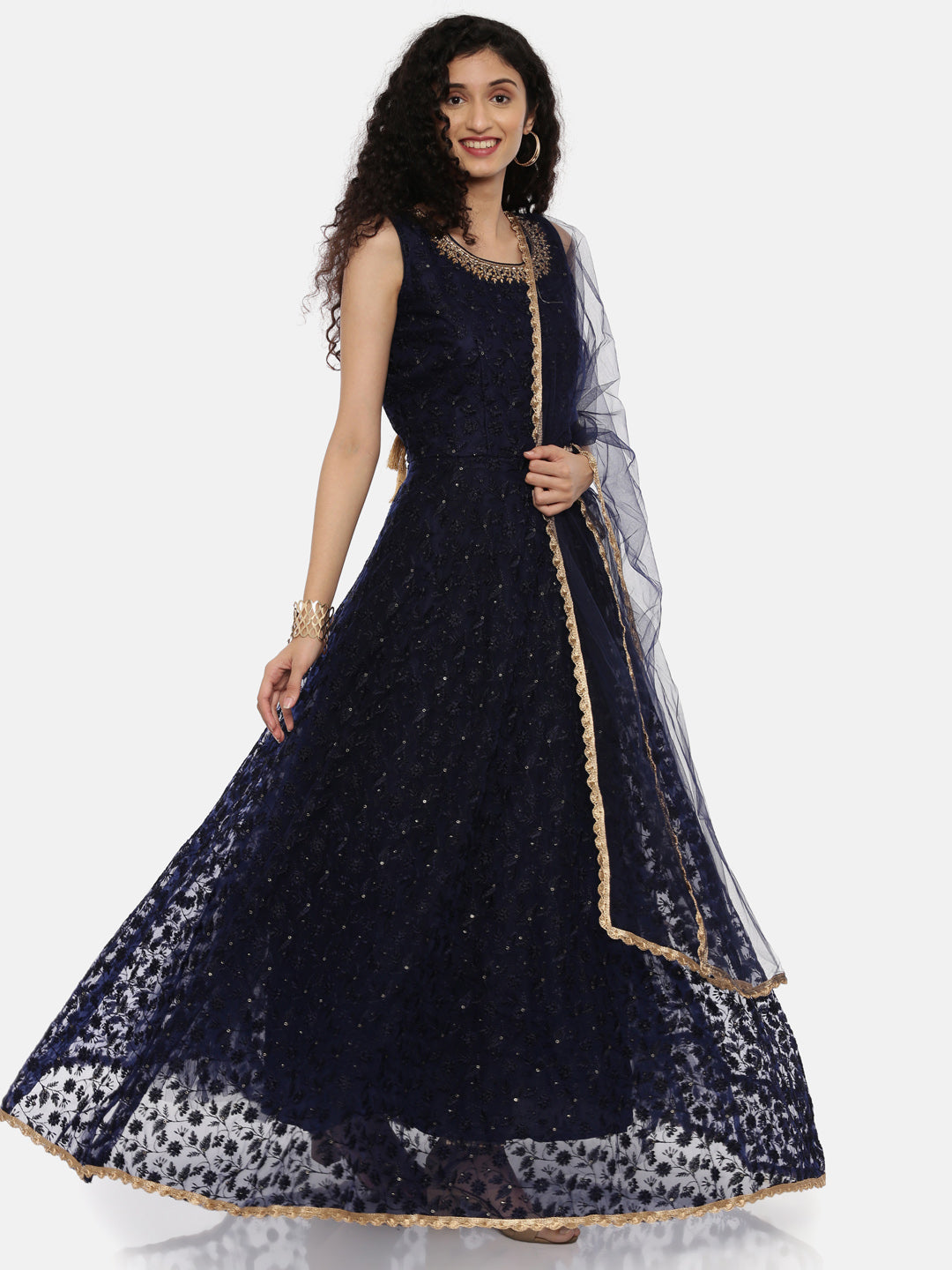 Neerus Blue Georgette Embroidered Anarkali Kurta Set - back view