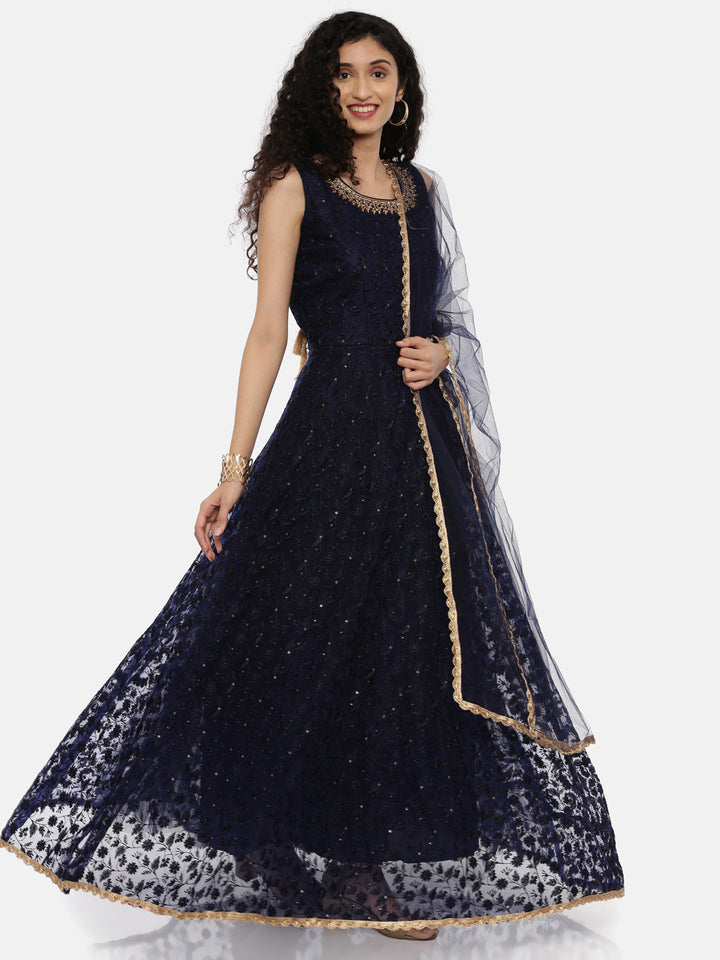 Neerus Blue Georgette Embroidered Anarkali Kurta Set - back view