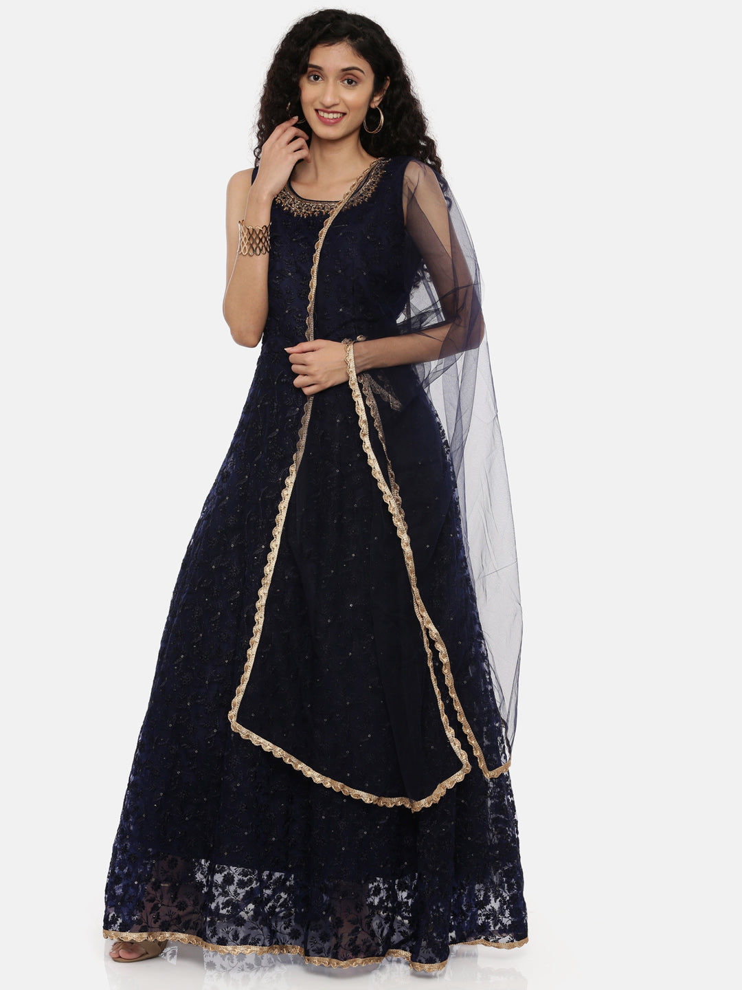 Neerus Blue Georgette Embroidered Anarkali Kurta Set - front view
