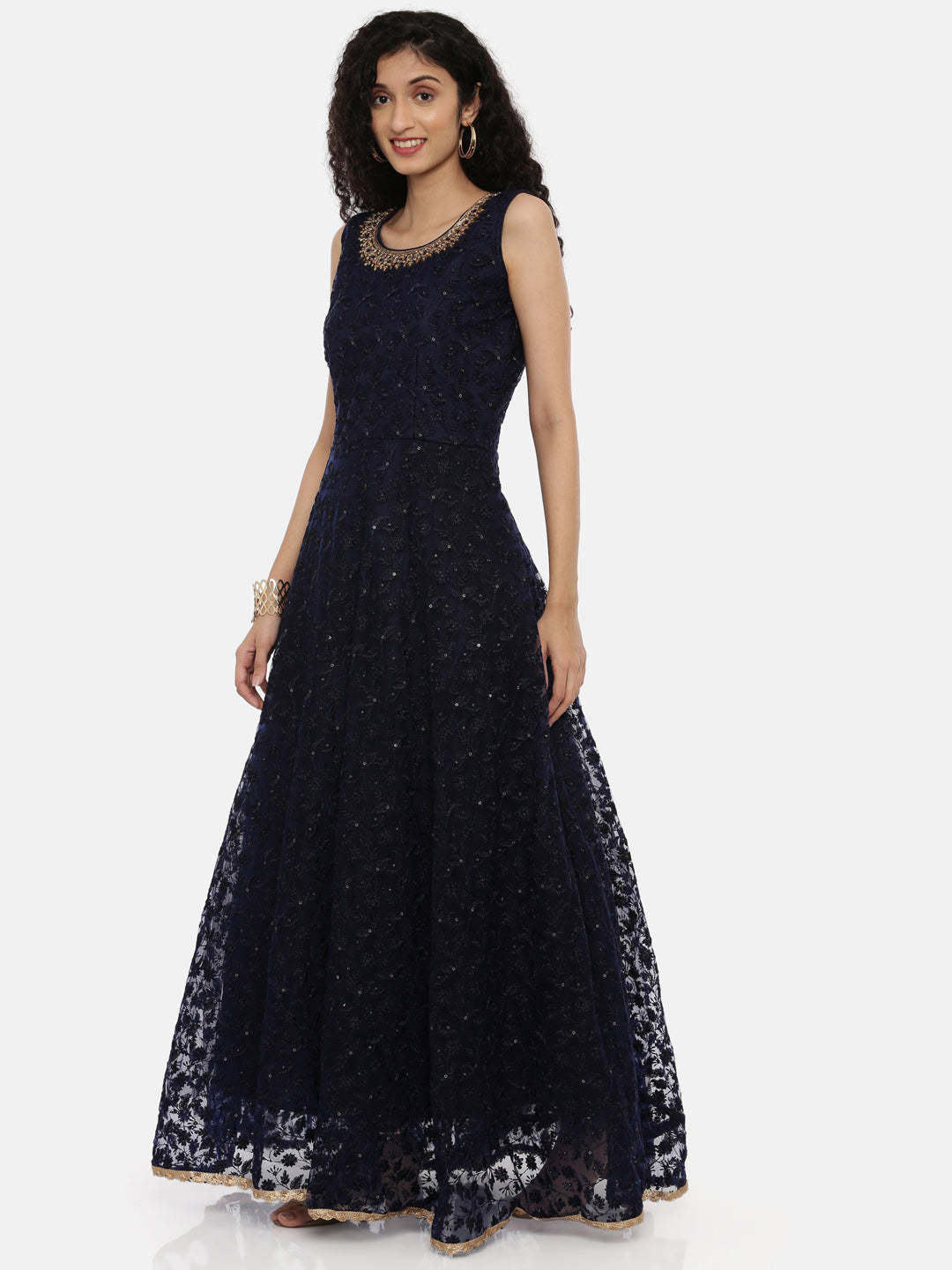 Neerus Blue Georgette Embroidered Anarkali Kurta Set - side view