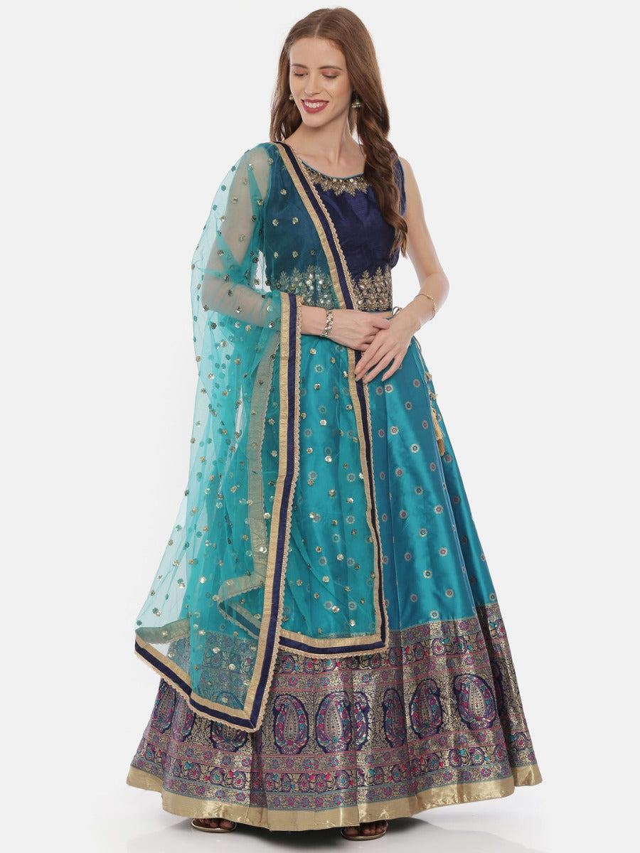 Neerus Blue Banarasi woven lehenga set - front view