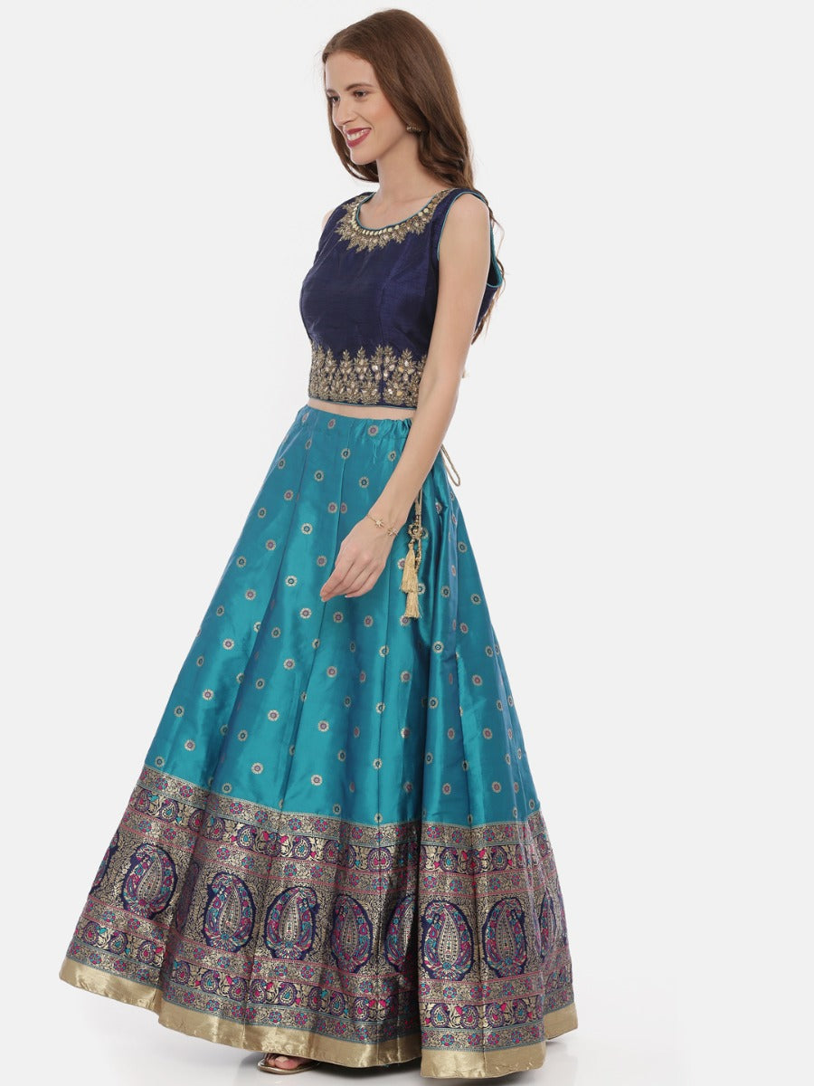 Neerus Blue Banarasi woven lehenga set - detail view 1