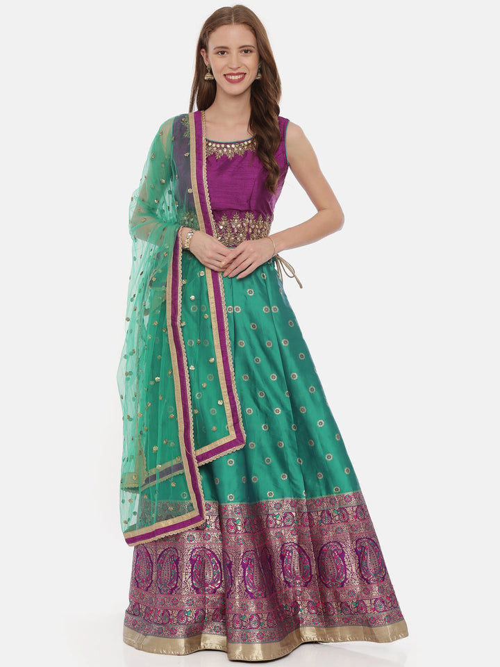 Neerus Purple Banarasi woven lehenga set - front view