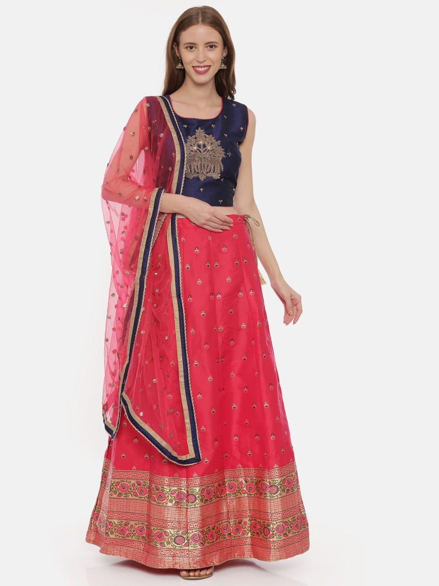 Neerus Pink raw silk embellished lehenga set - front view
