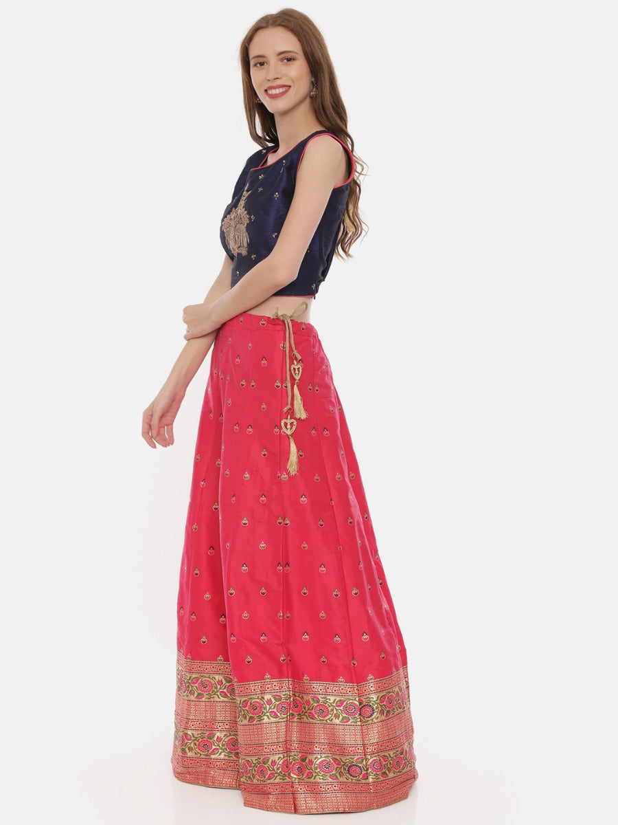 Neerus Pink raw silk embellished lehenga set - back view