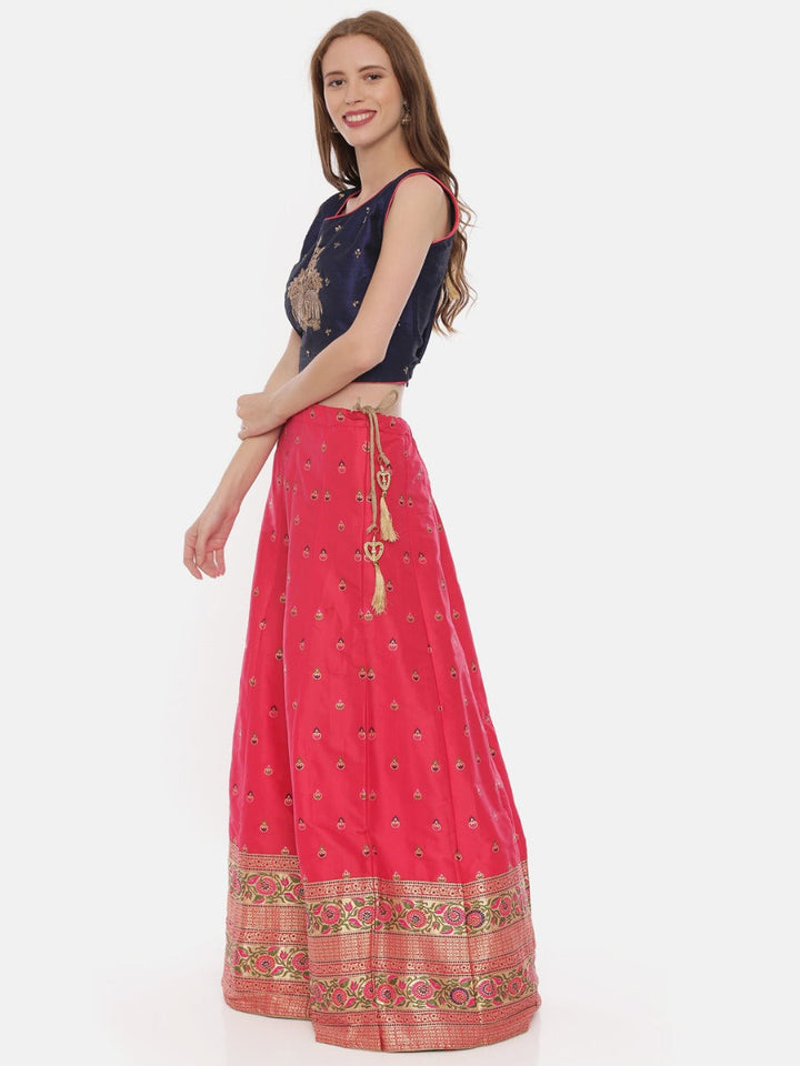 Neerus Pink raw silk embellished lehenga set - back view
