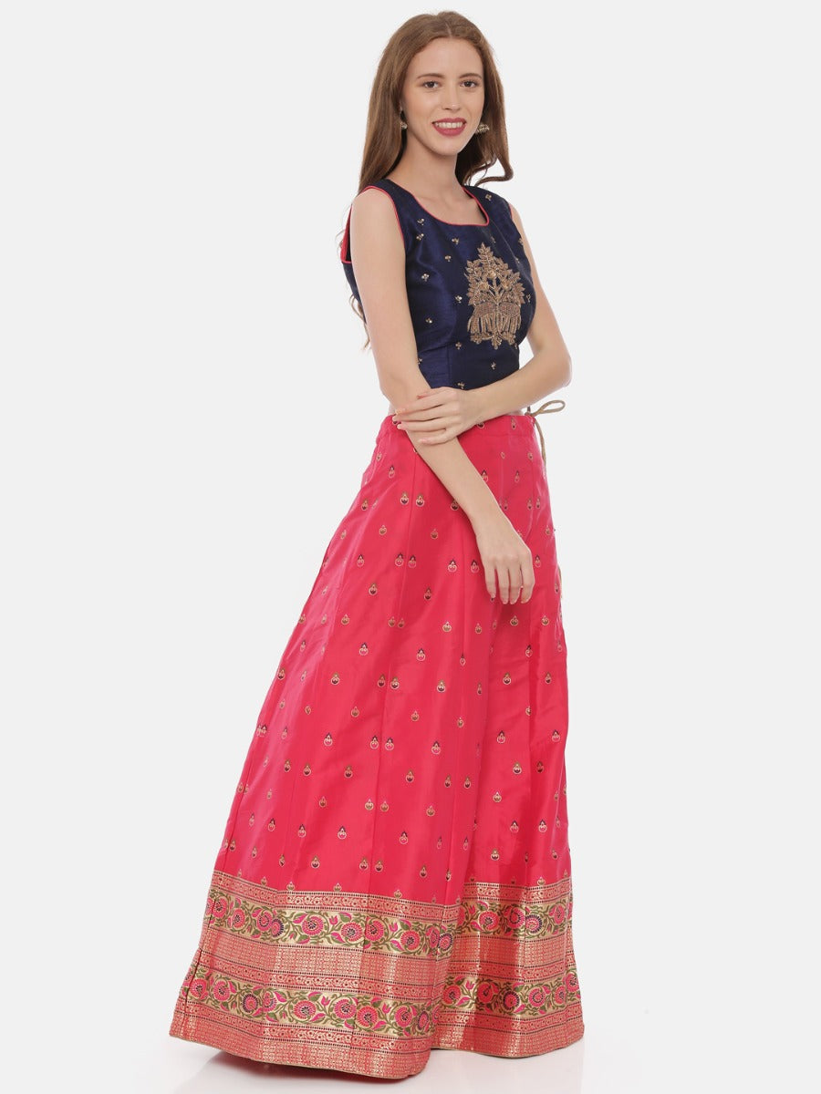 Neerus Pink raw silk embellished lehenga set - side view