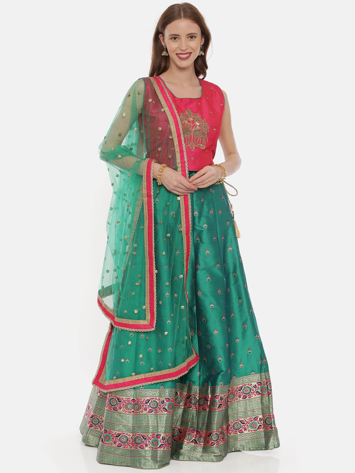 Neerus Pink raw silk embellished lehenga set - front view
