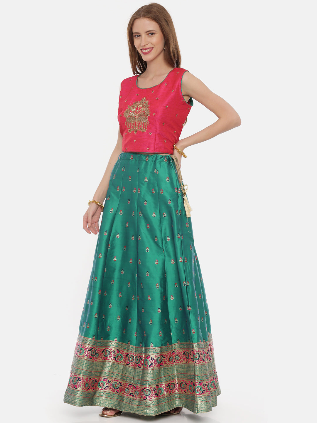 Neerus Pink raw silk embellished lehenga set - detail view 1