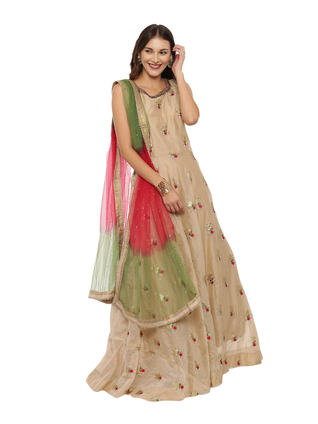 Neerus Beige embroidered anarkali kurta set with churidar and dupatta - front view