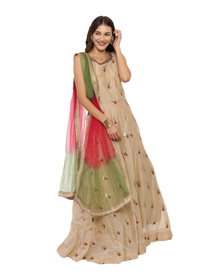 Neerus Beige embroidered anarkali kurta set with churidar and dupatta - front view