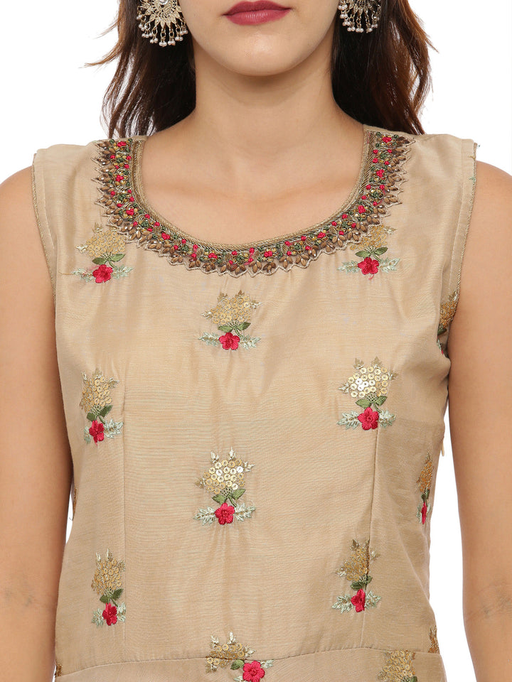 Neerus Beige embroidered anarkali kurta set with churidar and dupatta - back view
