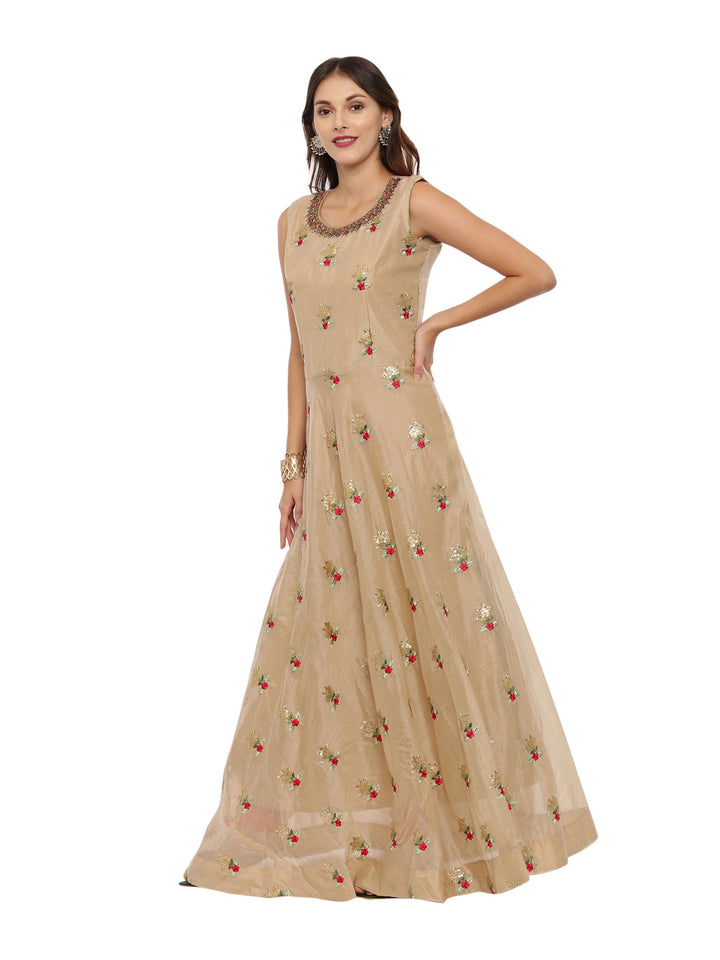 Neerus Beige embroidered anarkali kurta set with churidar and dupatta - detail view 2
