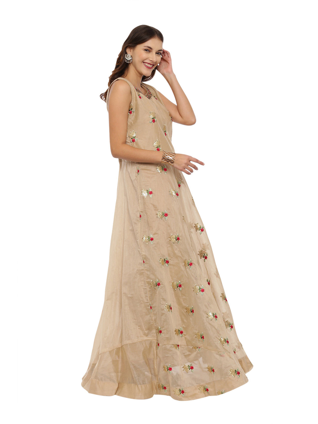 Neerus Beige embroidered anarkali kurta set with churidar and dupatta - side view