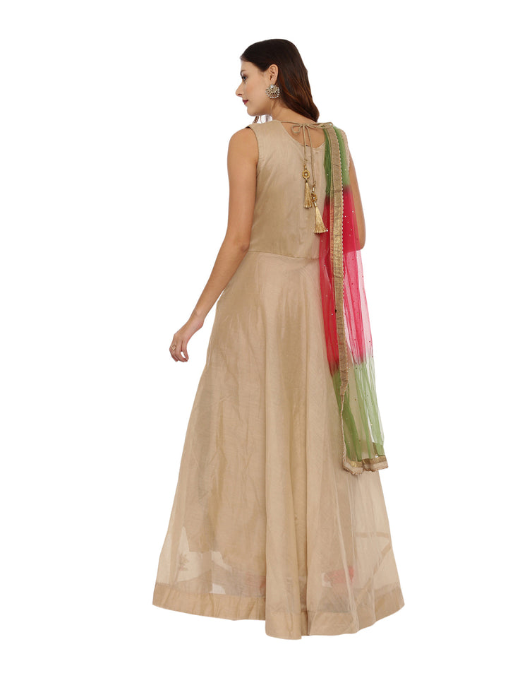 Neerus Beige embroidered anarkali kurta set with churidar and dupatta - detail view 1
