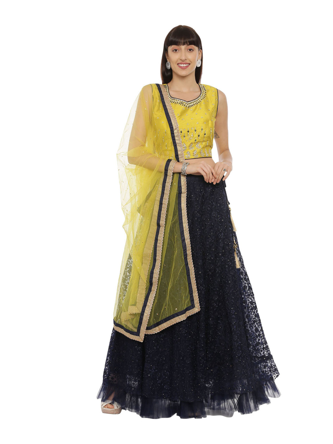 Neerus Yellow net embellished lehenga set - front view