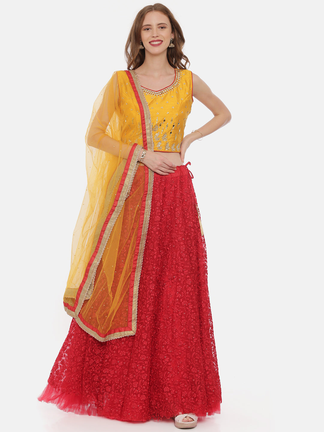 Neerus Yellow net embellished lehenga set - detail view 3