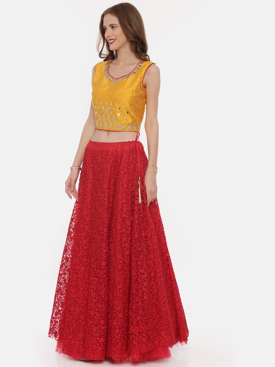 Neerus Yellow net embellished lehenga set - front view