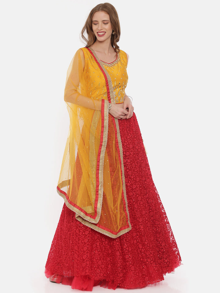 Neerus Yellow net embellished lehenga set - detail view 1
