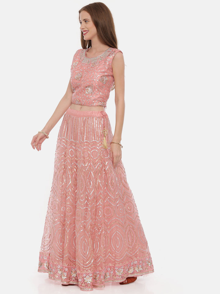 Neerus Pink net embellished lehenga set - detail view 1