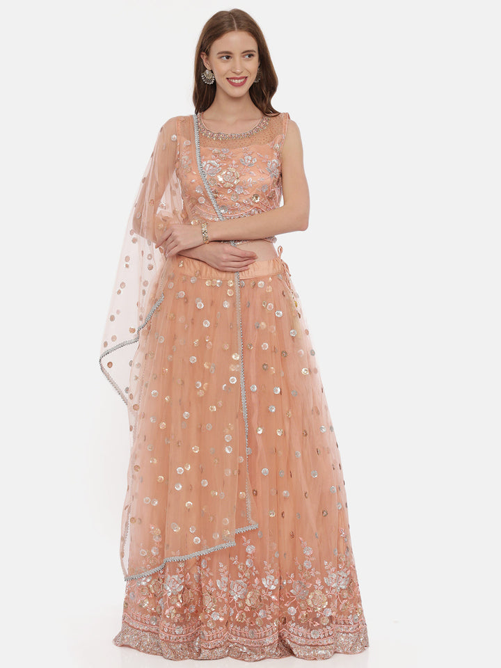 Neerus Orange net embellished lehenga set - front view