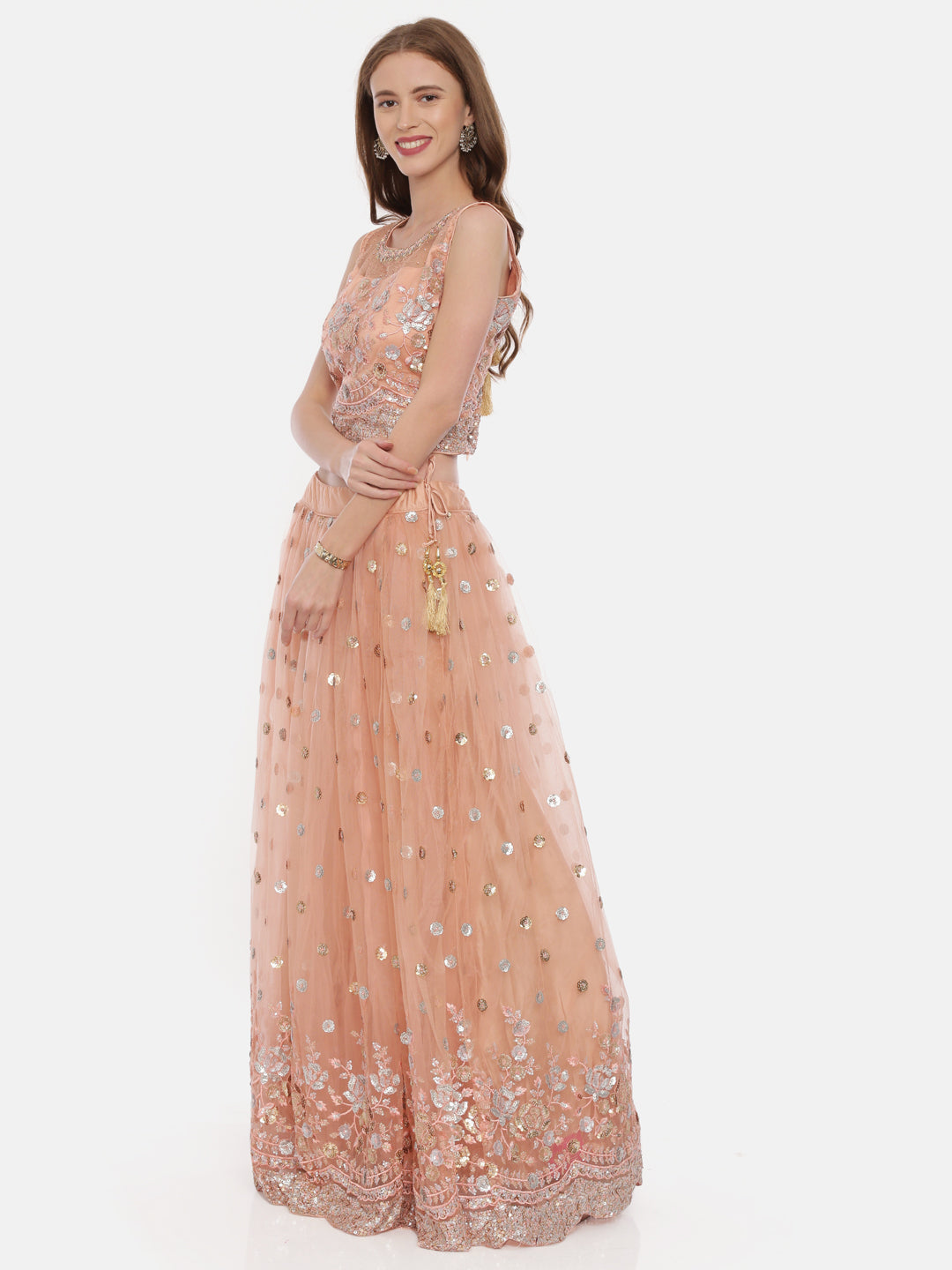 Neerus Orange net embellished lehenga set - detail view 1