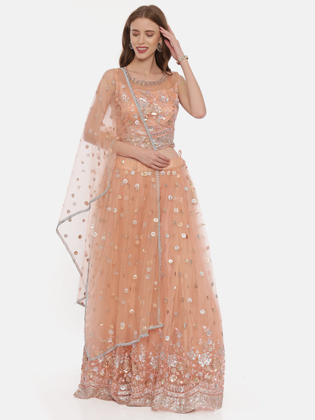 Neerus Orange net embellished lehenga set - detail view 4