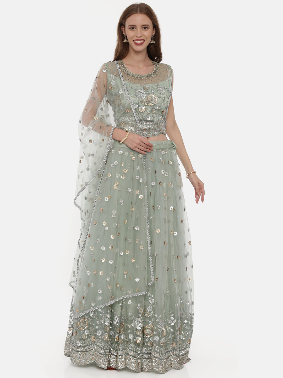 Neerus Green net embellished lehenga set - front view