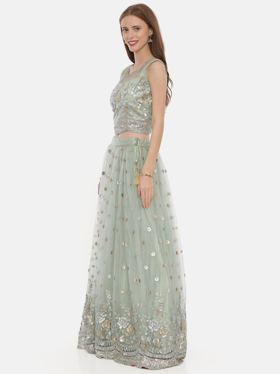 Neerus Green net embellished lehenga set - side view