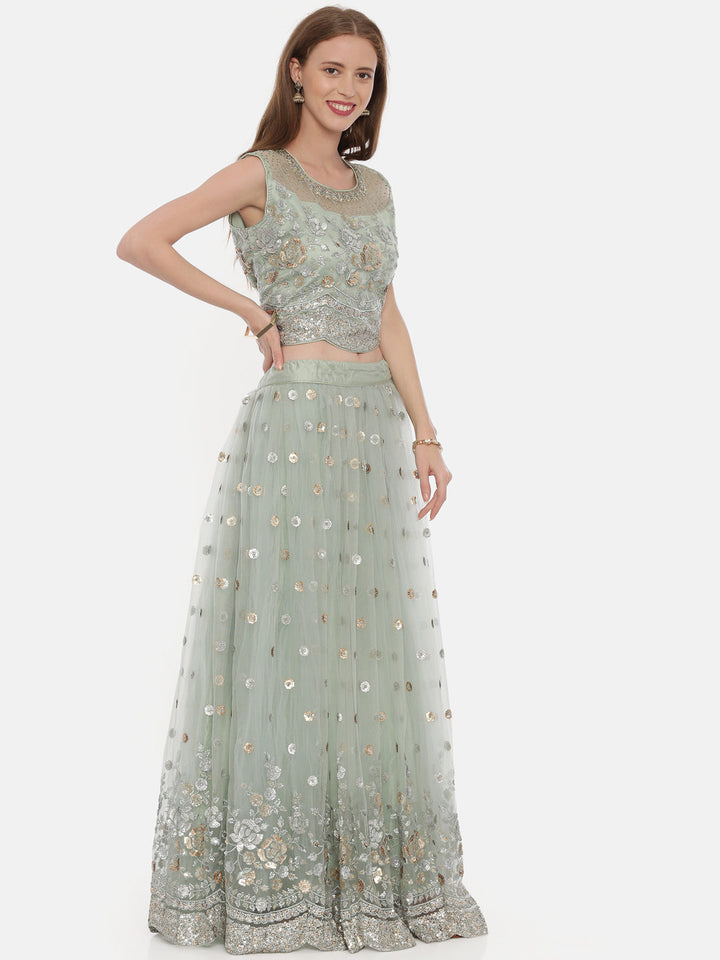Neerus Green net embellished lehenga set - detail view 1
